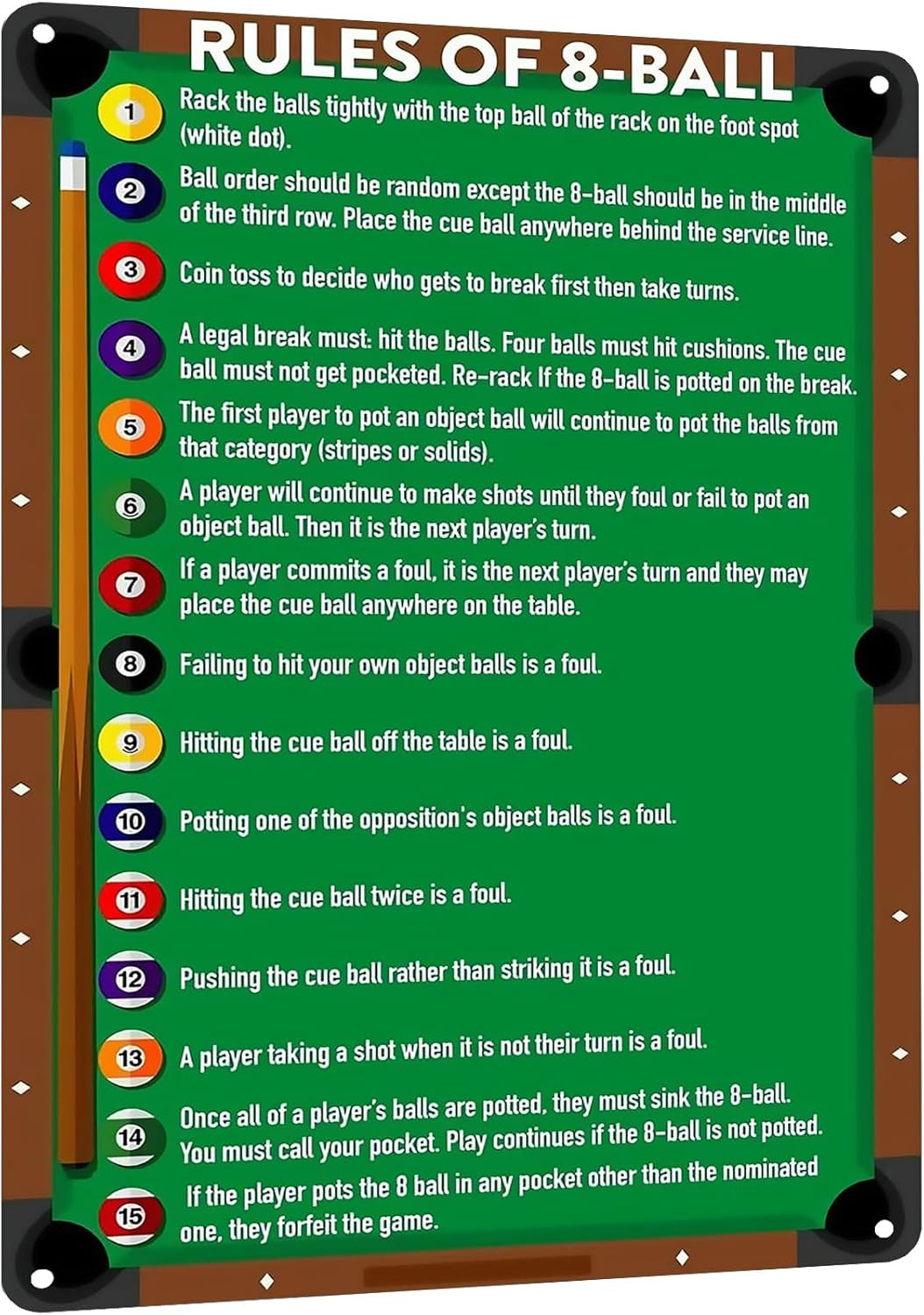 Classic Game Room Wall Art Tin Poster for Billiards Lovers -