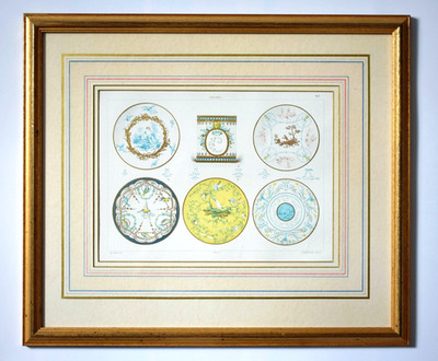 VINTAGE FRANZÖSISCHER SEVRES PORZELLAN BEISPIEL DESIGN DRUCK - GERAHMT & GLASIERT