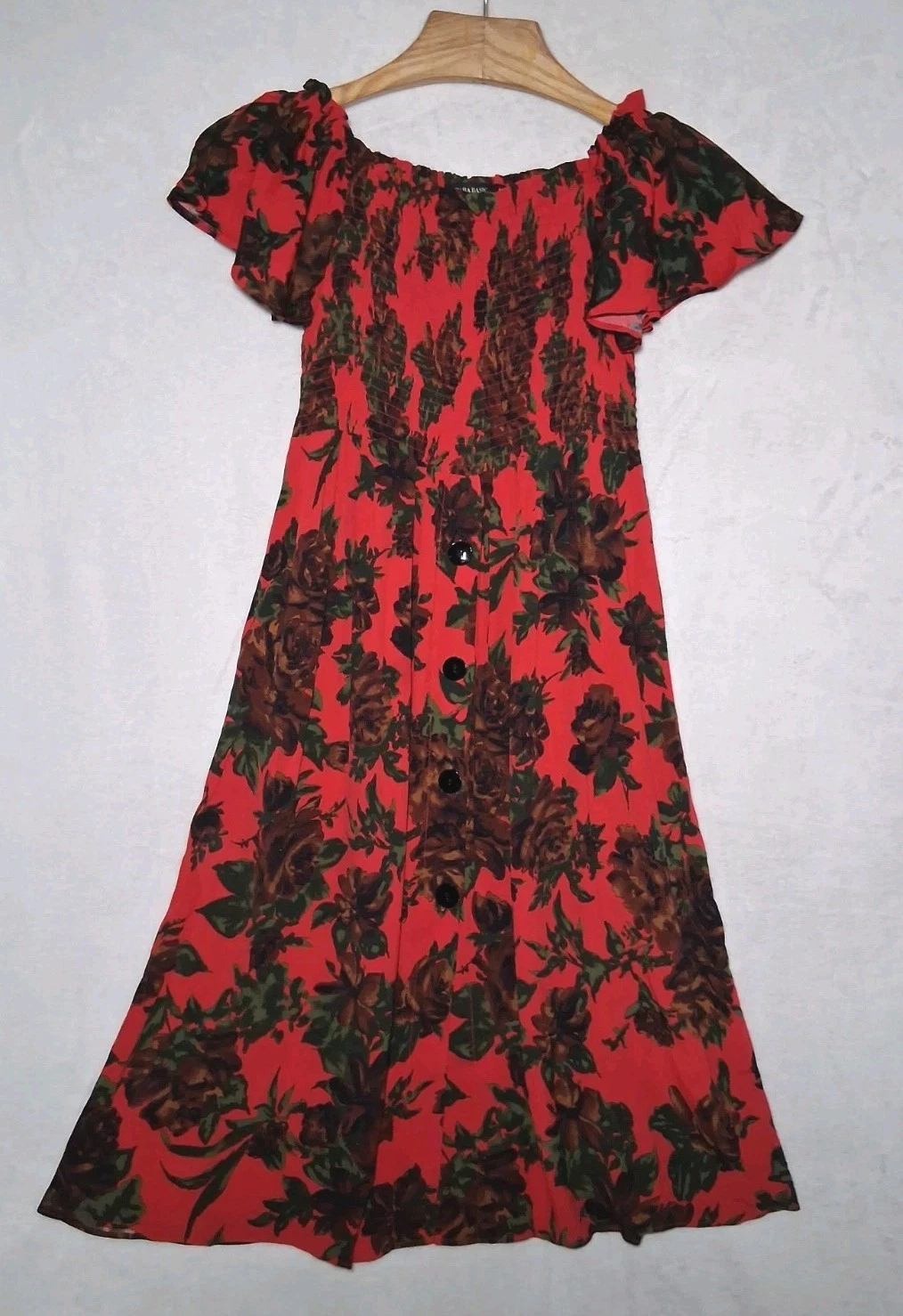 PALM ANGELS ZARA Abito Midi Smocked Medio Rosso Floreale Verde Marrone Manica Svolazzante Cottagecore