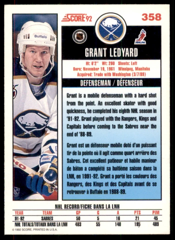 1992-93 Score Canadian Grant Ledyard Buffalo Sabres #358 - Image 2 of 2