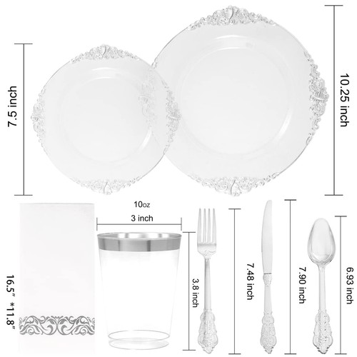 175PCS Clear Silver Plastic Plates -Include 50 Plates, 25 Cups, 25 Forks, 25 ... - Picture 2 of 9