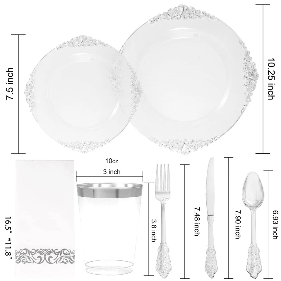 175 PIEZAS Placas de Plástico Plateado Transparente -Incluye 50 Platos, 25 Tazas, 25 Horquillas, 25... Foto 2 de 4