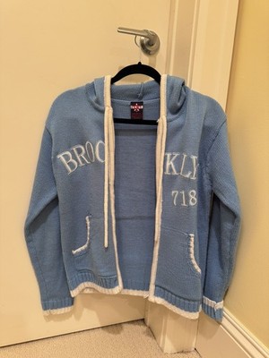 Women's Brooklyn 718 New York Zip Up Hoodie Sweater White blue -L