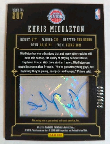 2012-13 Panini Timeless Treasures Glass Rookie Auto Khris Middleton /499 (RC,AU) - Picture 2 of 3