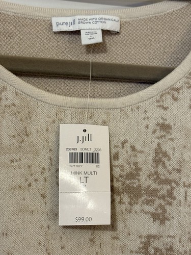 J. Jill Size L Tall Beige Tan Jacquard Pattern Organic Cotton Sweater 3/4 Sleeve - Picture 2 of 5