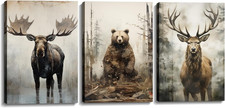 Woodland Animal Canvas Wall Art 3 Piece - Moose Elk Bear in Forest Picture Vinta