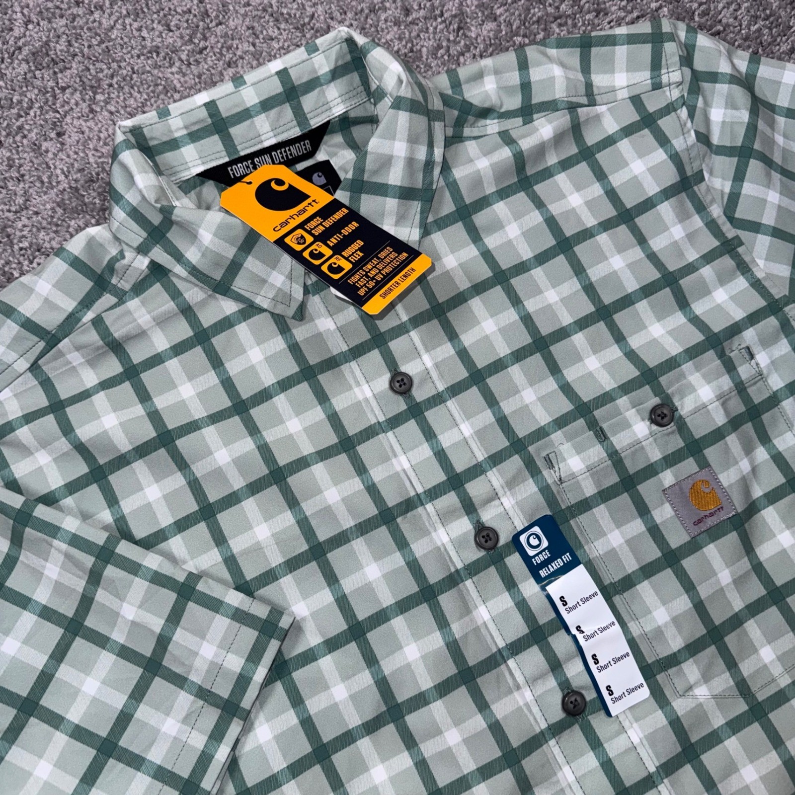 Carhartt Force Sun Defender Plaid Shirt Mens Short Sleeve Green Small NEW