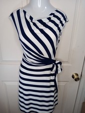 Ralph Lauren Faux Wrap Dress Size 8 Navy White Pullover Stretch Lined Cap Sleeve