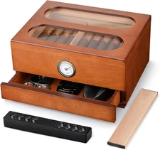 Cigar Humidor with Front Hygrometer, Humidifier and Accessory Drawers-Tempered G