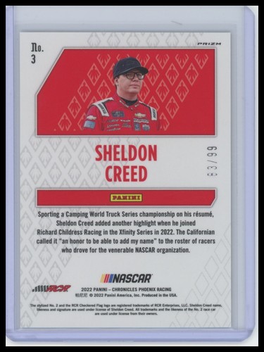 2022 Chronicles Sheldon Creed Phoenix Red sp /99 #3 H2 Combined Ship! - Picture 2 of 2