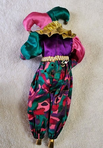 80s Harlequin Jester Musical Porcelain Doll Mardi Gras 12” WORKS Purple Green - Picture 7 of 9