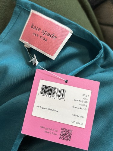 KATE SPADE Silk-blend Twill Smocked-waist Dress In Dark dress size small NWT - Picture 3 of 19