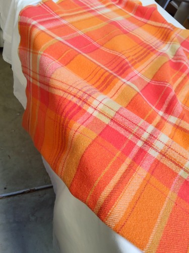 Vintage Blanket Large Pure Wool Orange Checks & Stripes Great Colours - AF - Picture 6 of 12