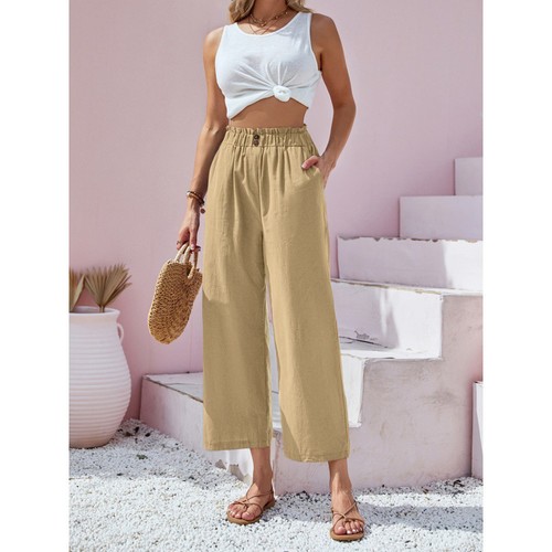 Lady Cotton Linen High Waist Trousers Wide Legs Summer Casual Elastic Pants SIZE - Picture 17 of 41