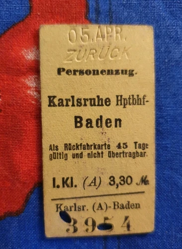 Eisenbahnfahrkarte, Kaiserreich, Karlsruhe - Baden, 1 Klasse