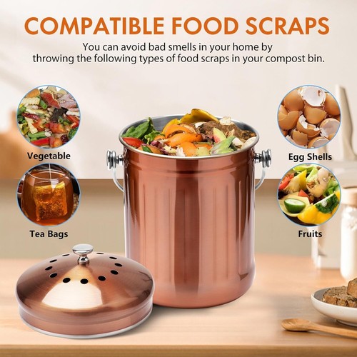 1.3 Gallon Matte Copper Stainless Steel Compost Bucket - Odorless Kitchen Design - Picture 5 of 10