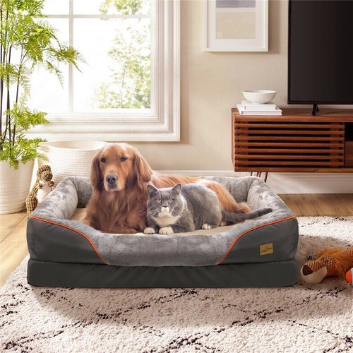 L-shaped Jumbo Orthopedic Dog Sofa Bed Couch with Removable Flannel Zipper Cover - Picture 6 of 12