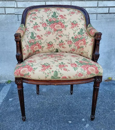 19th Century Antique French Walnut Club Chair–Newly Upholstered, Elegant Vintage
