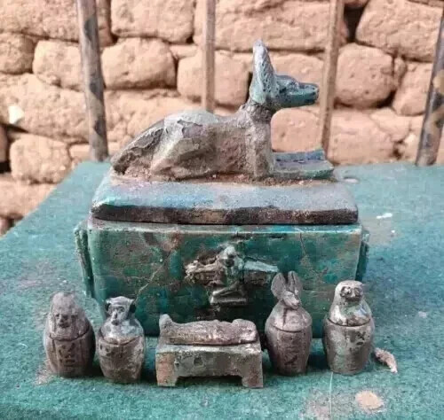 Seltene altägyptische Antiquitäten - authentische Anubis Box mit 4 Canopic Gläsern v. Chr. - Bild 1 von 7