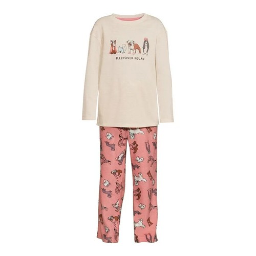 NWT Wonder Nation Puppy Dog Pajama Set Girls Fleece Pants Oatmeal Pink Sz Small - Picture 1 of 7