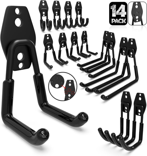 14 Pack Heavy Duty Garage Hooks for Hanging Lawn Yard Tools Chairs Ladders Black - Picture 9 of 12