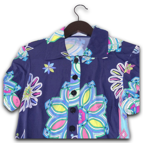 EMILIO PUCCI Camicia Abito 36 Elasticizzato Stampa Geometrica Navy Multicolore Floreale - Foto 2 di 12