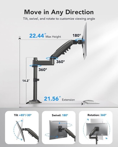 Sturdy Full Motion Monitor Arm, Holds 19.8lbs, Desk-Mount for 32 inch Displays - 第 5/9 張圖片