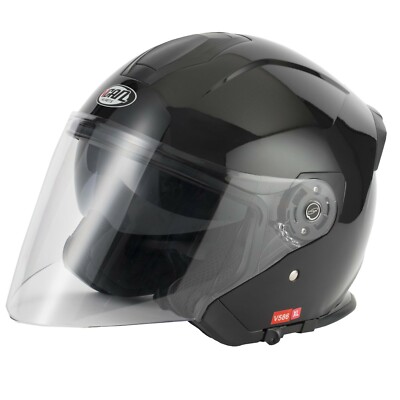 VCAN H586 DUAL VISOR JET STYLE OPEN FACE MOTORCYCLE MOTORBIKE HELMET GLOSS BLACK