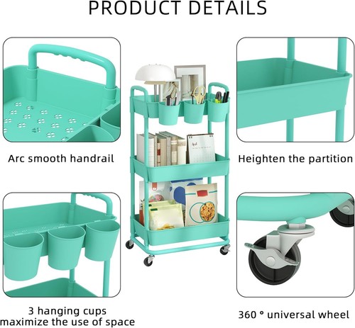 3-Tier Plastic Rolling Storage Cart Utility Cart with Extra Hanging Cups Handles - Picture 7 of 9