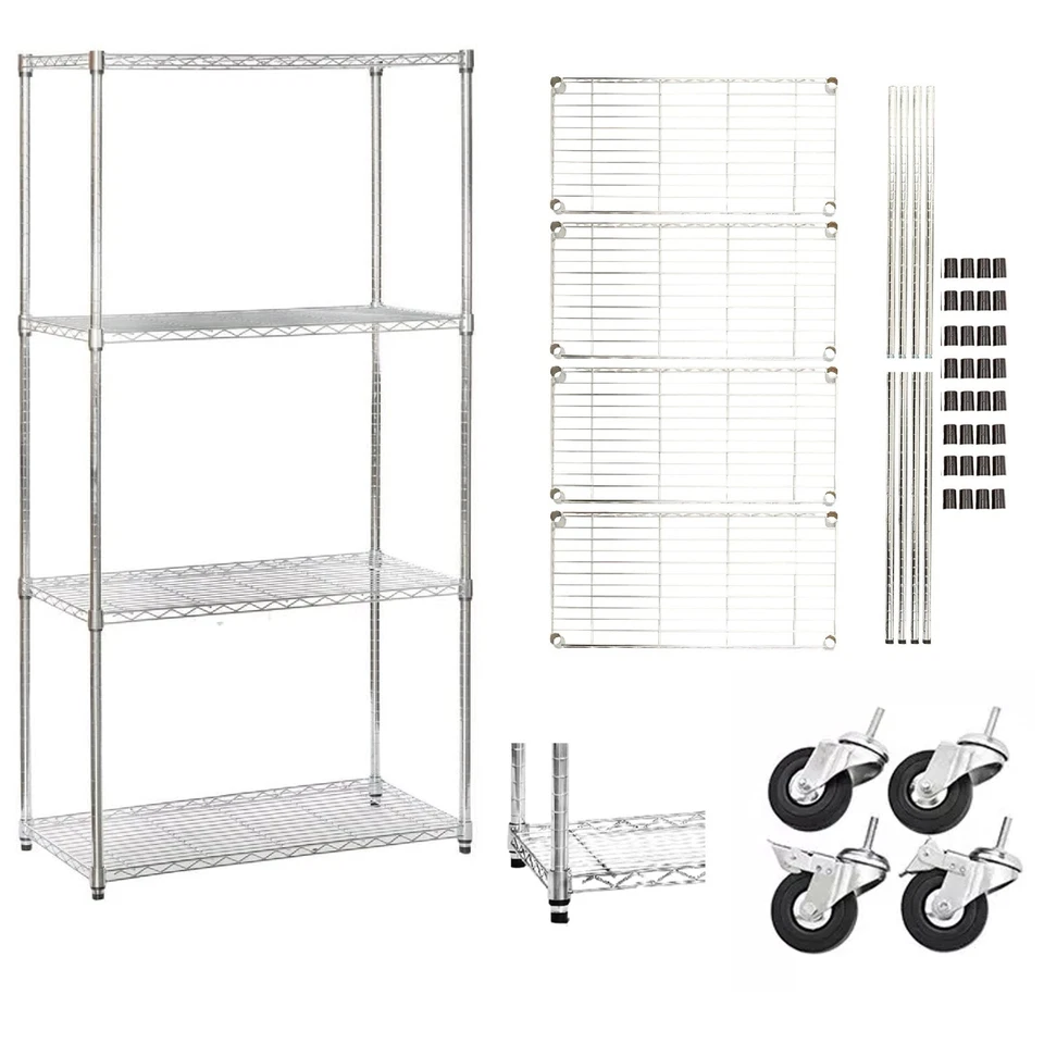 Chrome 4 Tier Wire Shelving Metal Storage Shelf Home Office Kitchen Stand Rack. - Image 2 of 4