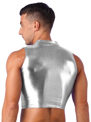 Herren Glänzend Metallic Crop Tank Top Ärmellos Stehkragen Muskel Weste Streetwear - Bild 26 von 54