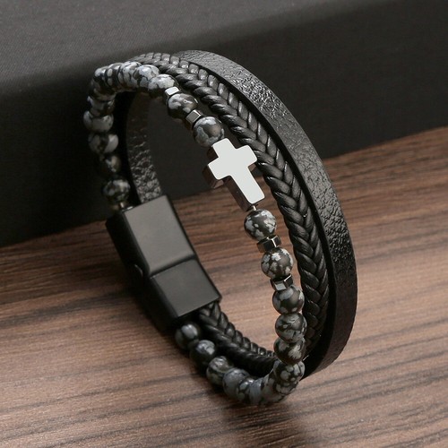 Men's Cross Leather Braided Bracelet Tiger's Eye Stone Bracelet Cuff Bangle Gift - Picture 17 of 24