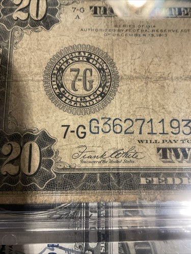 1914 $20 Federal Reserve Note Chicago, Blue Seal FR# 966, F/VF Note. RARE ERROR - Picture 10 of 23