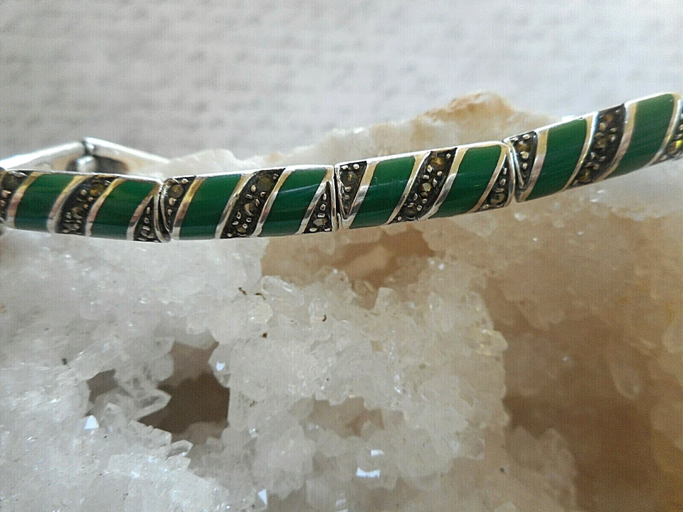 Pulsera Marcasita Verde Esmalte Plata de Ley 925 7.5" Cierre Plegable 20B24 Foto 4 de 4