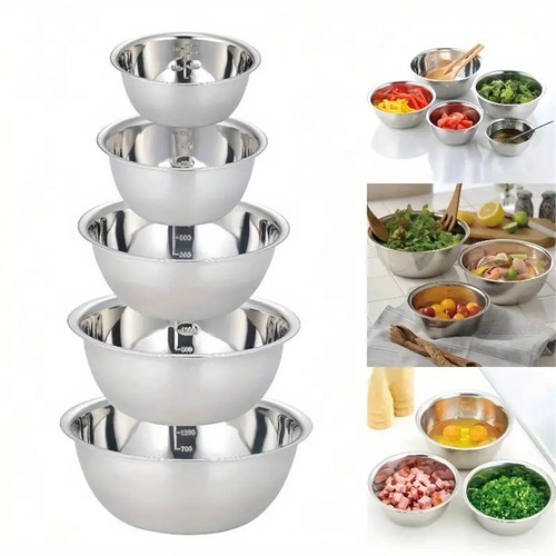 5PCS/SET Stainless Steel Bowl Polished Round Mixing Bowl Salad Bowl Baking Bowl - Picture 3 of 12