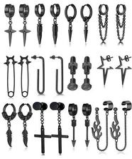 12 Pairs Stainless Steel Classic Dangle Earrings for Men Punk Gothic Long Cha...