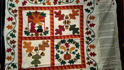 COTTON  PANEL -"HARVEST FESTIVAL SAMPLER - WALL HANGING OAK LEAVES & ACORNS - Picture 1 of 4