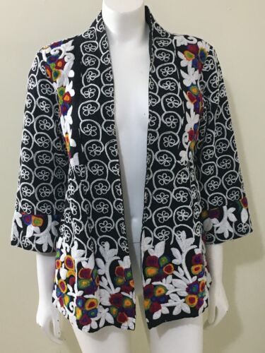 Soft Surroundings Lourdes Jacket S Black White Embroidered Floral Velvet Open