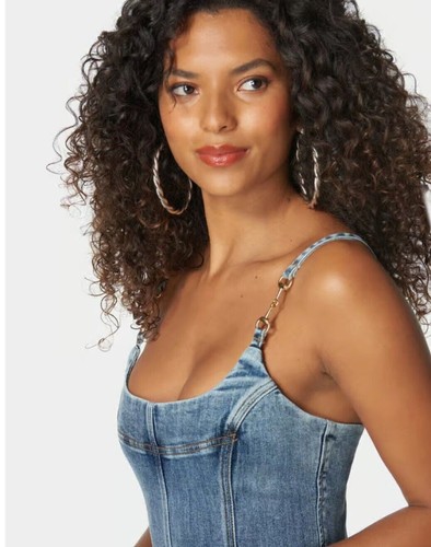 Women's bebe Metal Strap Detail Fitted Denim Dress Full Zip Back Sz 6 Runs Small - Picture 18 of 18