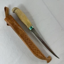 J Marttiini Finland Fish Filet Blade Signed Knife with Leather Sheath Vintage