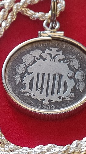 1869 US Union Stars & Shield Nickel Coin Pendant on a 28" Silver Rope Chain - Picture 2 of 8