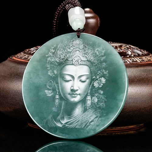 Men Women Natural Grade A Jade Jadeite Lucky Carved Guanyin Buddha Round Pendant - Picture 2 of 13