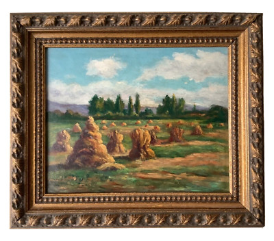 French IMPRESSIONISM OIL ON CANVAS Landscape Haystacks Blue Sky Painting