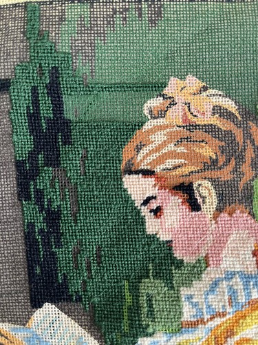 Vintage Margot Creations JEUNE FILLE LISANT/JUNGES MÄDCHEN LIEST Nadelspitze Leinwand - Bild 4 von 6