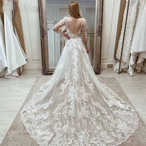 Mermaid Detachable Wedding Dresses V Neck Lace Appliques Train Bridal Gowns - Picture 7 of 24