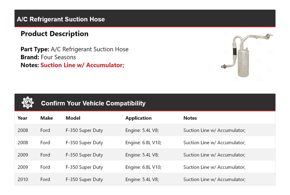 Manguera de succión de refrigerante de aire acondicionado para Ford F-350 Super Duty 2008-2010 4 estaciones 2009 Foto 2 de 4