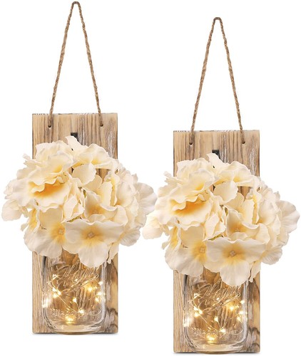 Set of 2 - Rustic Wall Sconces - with Flowers, Mason Jars, Lights for Home Decor - Picture 25 of 25