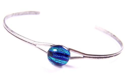 Brazalete de VIDRIO Dicroico AJUSTABLE Plata Verde Azulada a Rayas Pequeño 1/4" 8 mm - Imagen 6 de 8
