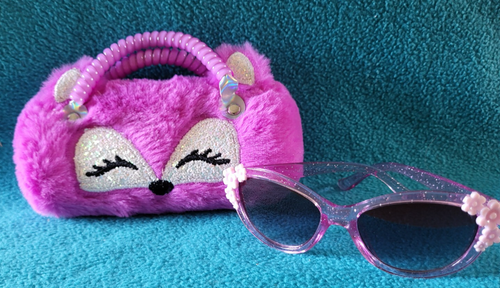 Fuchsia Pink Plush Furry Fox Double Handle Eyeglass Case w/ Sunglasses for kids - Picture 2 of 12