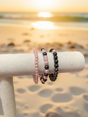 3 Set Pink pearl beads, gray hematite stone woman's handmade bracelet - Picture 2 of 8